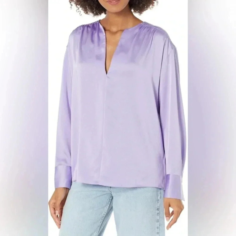 Vince Women's Smocked Extra Large Long Sleeved V- Neck Blouse